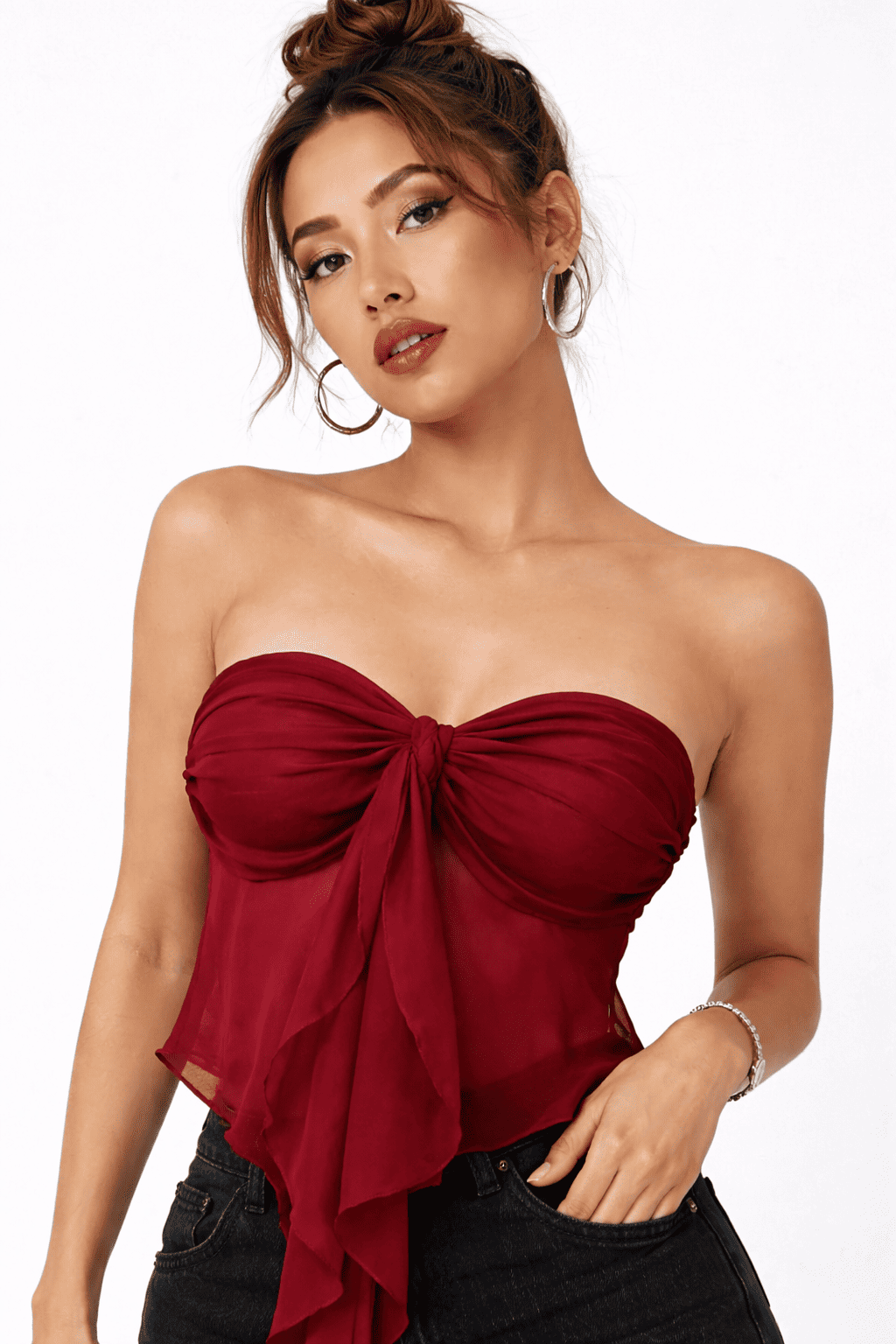 Noeiko Wine Knot Strapless Georgette Top