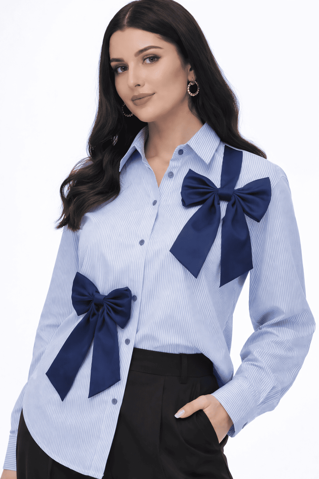 Noeiko Pinstripe Bow Detail Office Shirt