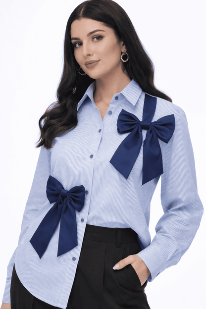 Noeiko Pinstripe Bow Detail Office Shirt