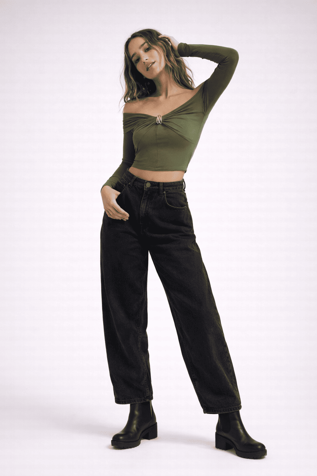 Noeiko Olive Allure Off-Shoulder Crop Top