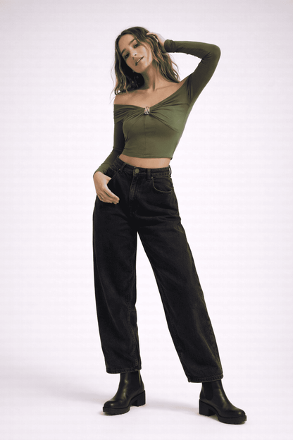 Noeiko Olive Allure Off-Shoulder Crop Top