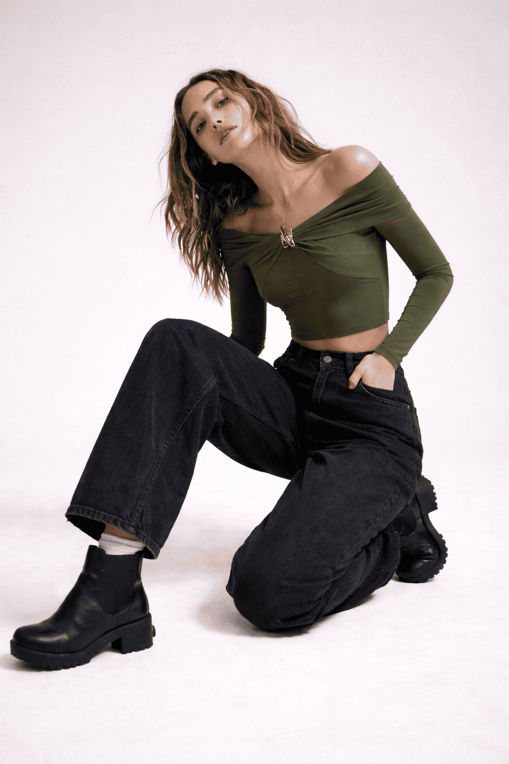 Noeiko Olive Allure Off-Shoulder Crop Top
