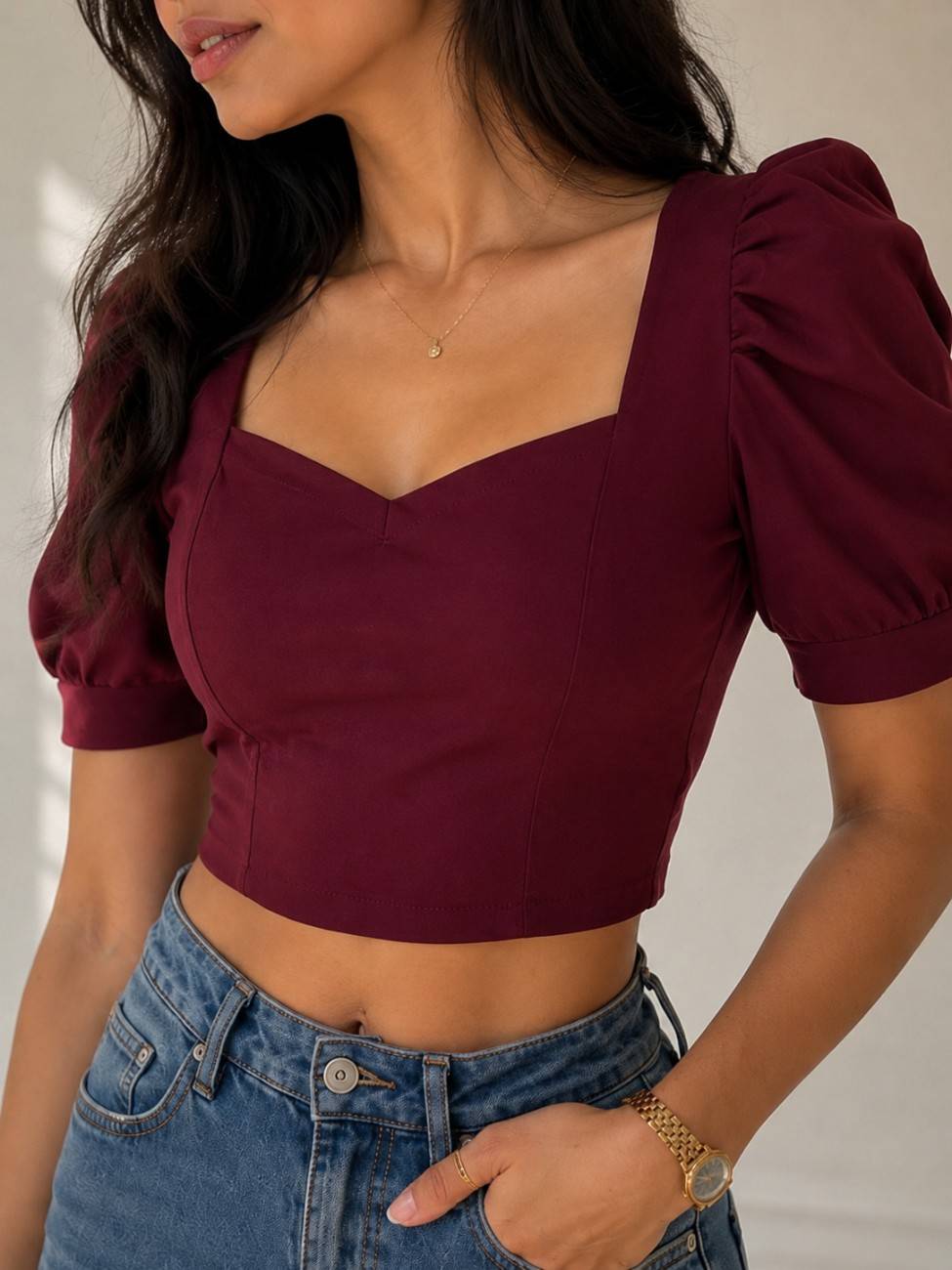 Bubble Wine Puff Sleeve Crop Top for Women